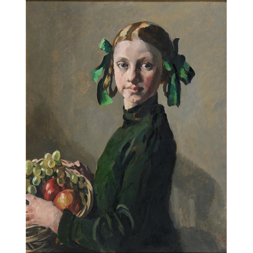 839 - Philip Connard RA, RWS (1875-1958) - Girl in Green with a Basket of Fruit, signed with initials, oil... 