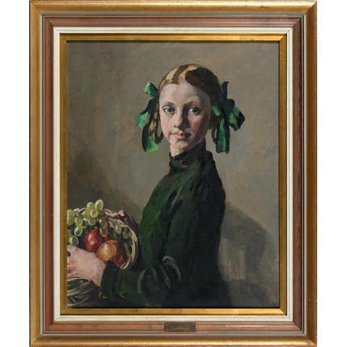 839 - Philip Connard RA, RWS (1875-1958) - Girl in Green with a Basket of Fruit, signed with initials, oil... 