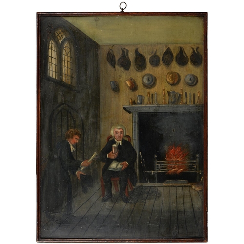 840 - English Naive Artist, first half 19th c - Interior Scene with Figures, one in cap and gown, another ... 