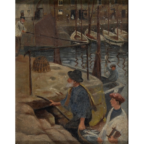 844 - English School, late 19th/early 20th c - Cornish Fishermen, oil on canvas, 25 x 20.5cm, G. Payne, la... 