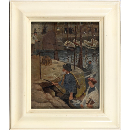 844 - English School, late 19th/early 20th c - Cornish Fishermen, oil on canvas, 25 x 20.5cm, G. Payne, la... 