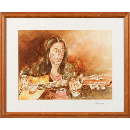 849 - John Emerson, late 20th c - Portrait of a Guitarist, signed, oil, 29 x 39cm, Jill Kay Hall, late 20t... 