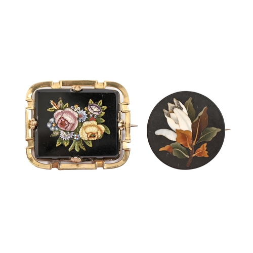 85 - An Italian micromosaic brooch, 19th c, gold mount, 35 x 40mm and a pietre dure brooch, 21.8g (2)... 