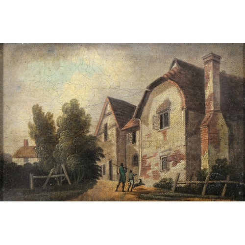 855 - English School, early 19th c - Two Figures Before a Farmhouse, oil on canvas, laid on board, 12 x 18... 