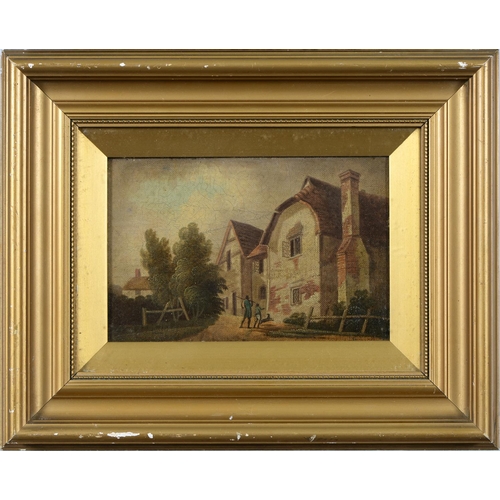 855 - English School, early 19th c - Two Figures Before a Farmhouse, oil on canvas, laid on board, 12 x 18... 