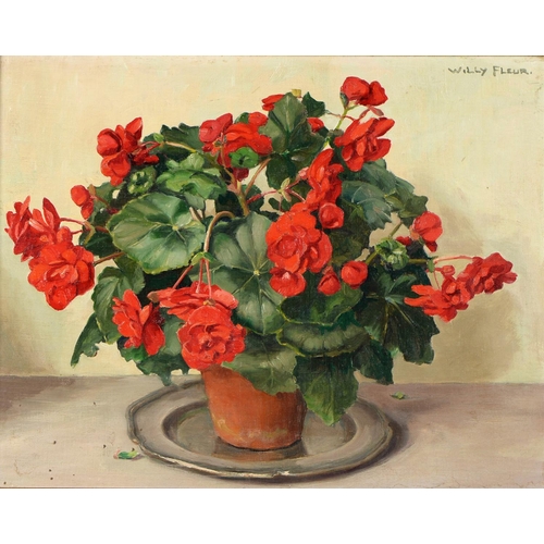 862 - Willy Fleur (1888-1967) - Still Life of Red Geraniums in a Terracotta Plant Pot, signed, oil on boar... 