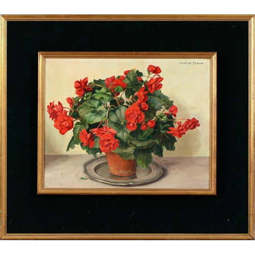 862 - Willy Fleur (1888-1967) - Still Life of Red Geraniums in a Terracotta Plant Pot, signed, oil on boar... 