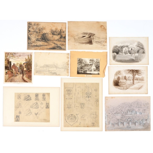 864 - A folio of pictures and prints, late 18th c and later, including a Welsh Church, grisaille wash on p... 