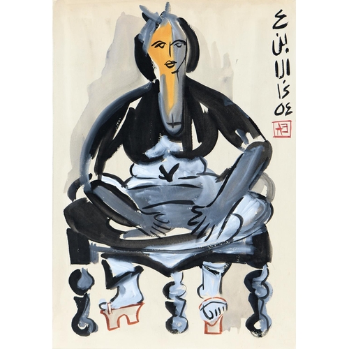 868A - South-East Asian School, 20th c - A Matriarch Seated in a Lotus, monogrammed AE, inscribed in c... 