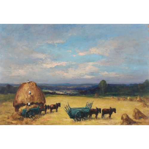 872 - Leon Hatot (1883-1953) - Haymaking, signed, inscribed label to verso, oil on board, 49 x 71cm... 