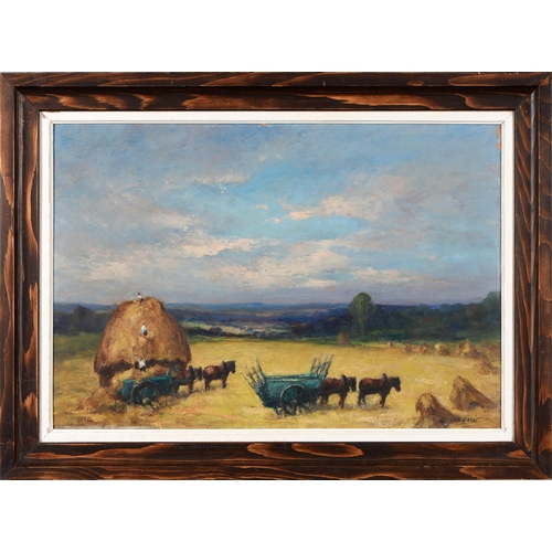 872 - Leon Hatot (1883-1953) - Haymaking, signed, inscribed label to verso, oil on board, 49 x 71cm... 