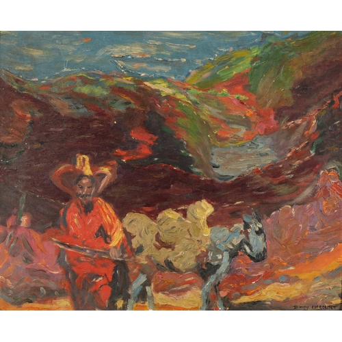 875 - Bunny McCourt, 20th c - A Mexican Farmer and his Donkey, signed, oil on board, 50 x 60cm... 