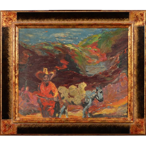 875 - Bunny McCourt, 20th c - A Mexican Farmer and his Donkey, signed, oil on board, 50 x 60cm... 