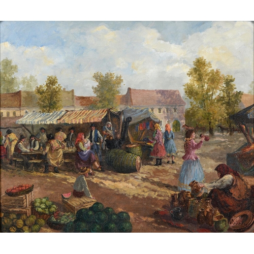 882 - Jécsey, late 20th c - Hungarian Village Market, signed, oil on canvas, 51 x 62cm... 