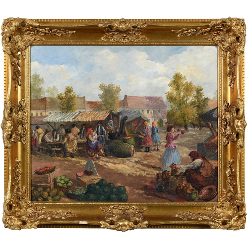 882 - Jécsey, late 20th c - Hungarian Village Market, signed, oil on canvas, 51 x 62cm... 