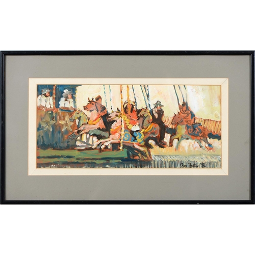 883 - Ross Foster, 20th c - Merry-Go-Round, signed and monogrammed, oil on board, 20 x 44.5cm... 