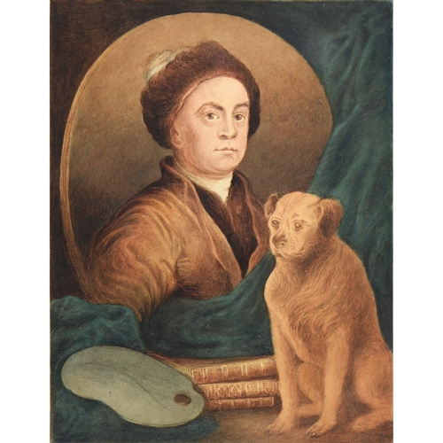 887 - After William Hogarth FRSA - Self-portrait with Trump, his pug dog, inscribed, trompe-l'œil mount, w... 