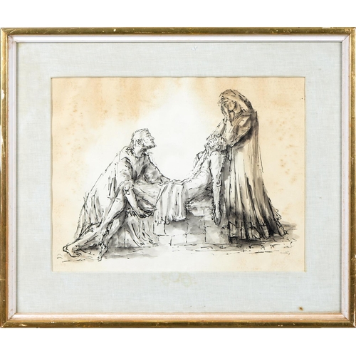 898 - English School, 20th c - Deposition of Christ, indistinctly signed, pen-and-ink on paper, 37.5 x 48c... 