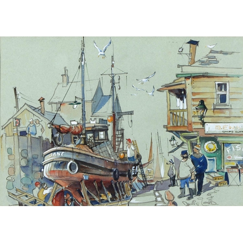 899 - Denis Lord (1926-2013) - Fishing Trawler in the Harbour, signed, watercolour and gouache, 24 x 35cm,... 