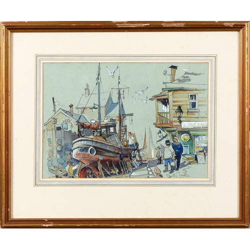 899 - Denis Lord (1926-2013) - Fishing Trawler in the Harbour, signed, watercolour and gouache, 24 x 35cm,... 