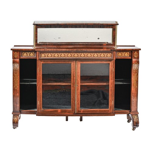 1086 - A Regency breakfront rosewood and brass inlaid chiffonier, with associated mirror inset galleried su... 