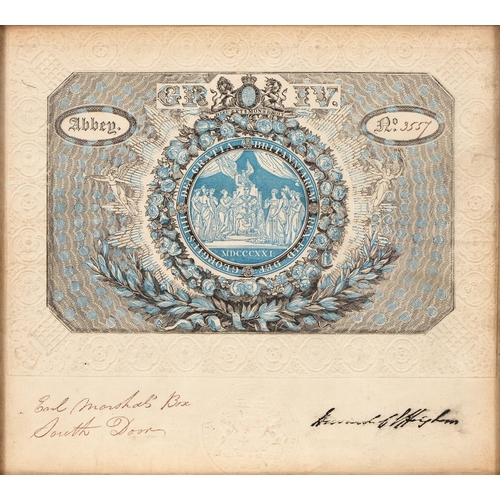 422 - Royalty, The Coronation of George IV. Admission ticket No. 3557 to Westminster Abbey, dated 1821, wo... 