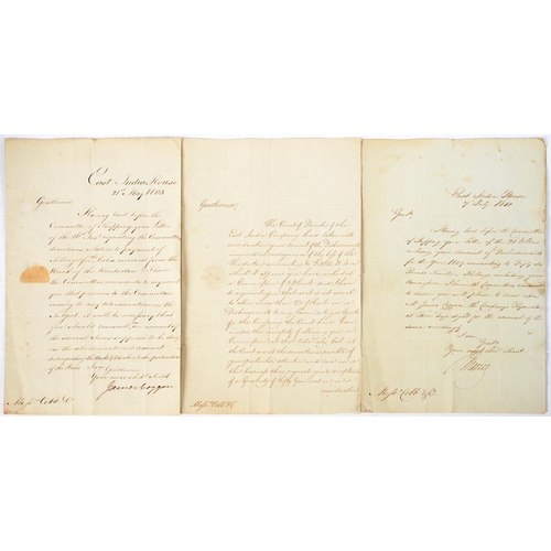 431 - The East India Company. Three manuscript letters from East India House to the bank Messrs. Cobb &... 