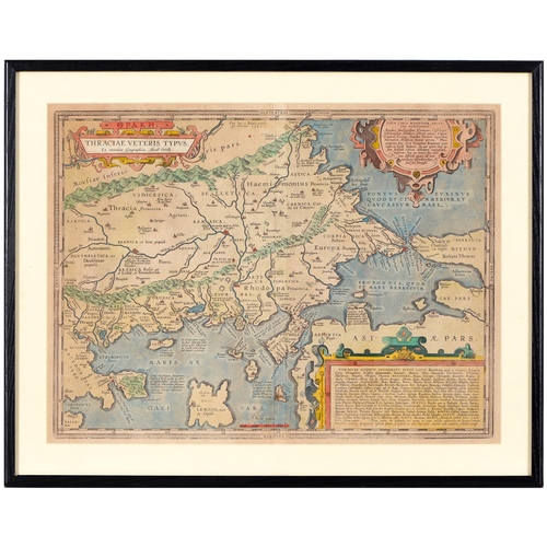 469 - Greece, Thrace. Abraham Ortelius (1527-1598) - Thraciæ Veteris Typus, double-page map, letterpress t... 