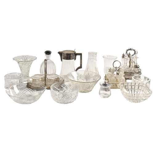 565 - A quantity of cut and other glassware, including an EPNS mounted claret jug, EPNS mounted cruet fram... 