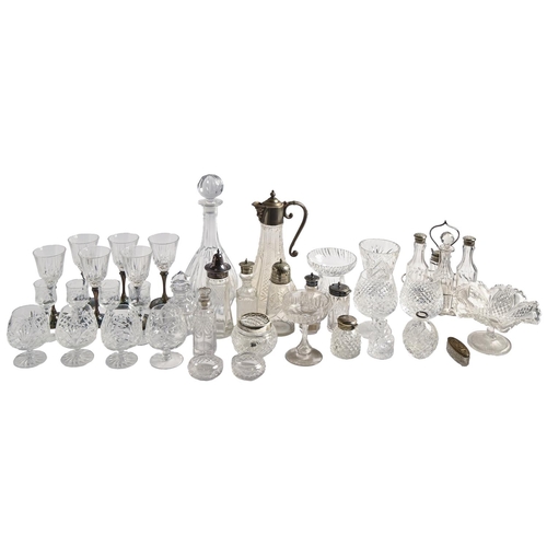 566 - Miscellaneous cut and other glassware, including EPNS mounted claret jug, cruet frame, decanters, et... 