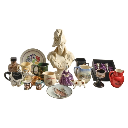 571 - Miscellaneous decorative and other ceramics, including Wade Whisky jugs, a novelty cow teapot, Poole... 