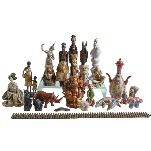 573 - Miscellaneous ceramics and other items, including oriental figurines, candlesticks, wooden carvings,... 