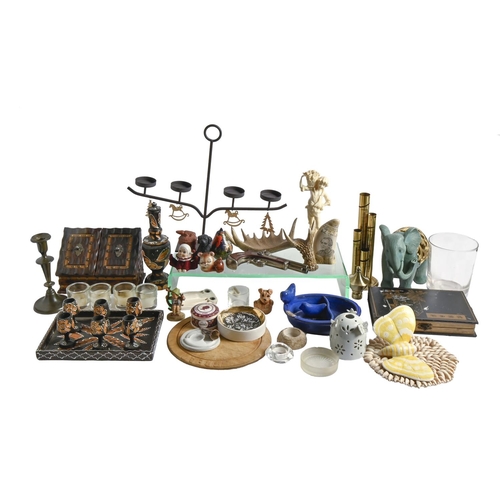 573 - Miscellaneous ceramics and other items, including oriental figurines, candlesticks, wooden carvings,... 