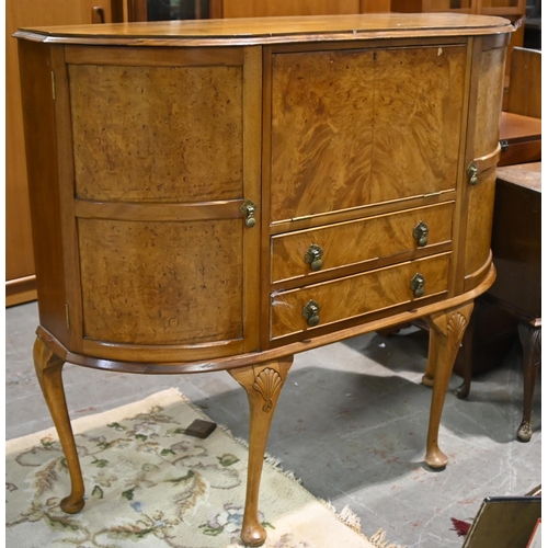 613 - A walnut bow fronted bureau-cabinet, 112cm h x 121cm w and miscellaneous other furniture, including ... 