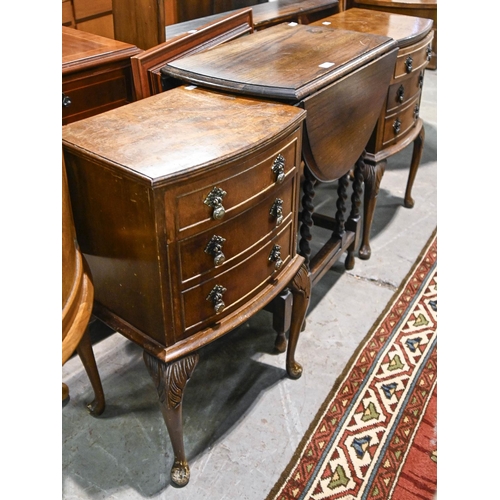 613 - A walnut bow fronted bureau-cabinet, 112cm h x 121cm w and miscellaneous other furniture, including ... 