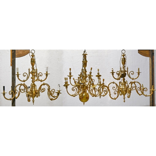 620 - A pair of Victorian style nine branch brass chandeliers and another similar, 95cm w x 85cm h and sma... 