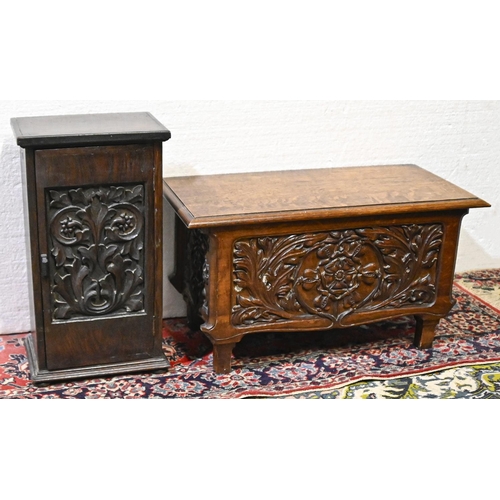 624 - An antique style panelled and carved oak blanket box, 116cm l; 53 x 57cm, another smaller and an oak... 