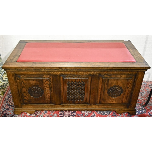 624 - An antique style panelled and carved oak blanket box, 116cm l; 53 x 57cm, another smaller and an oak... 