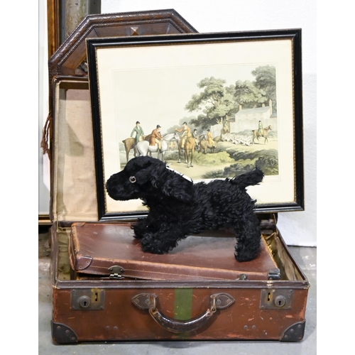 633 - Soft toy. A black plush glass eyed black terrier, an oak mirror, hunting print and two vintage leath... 