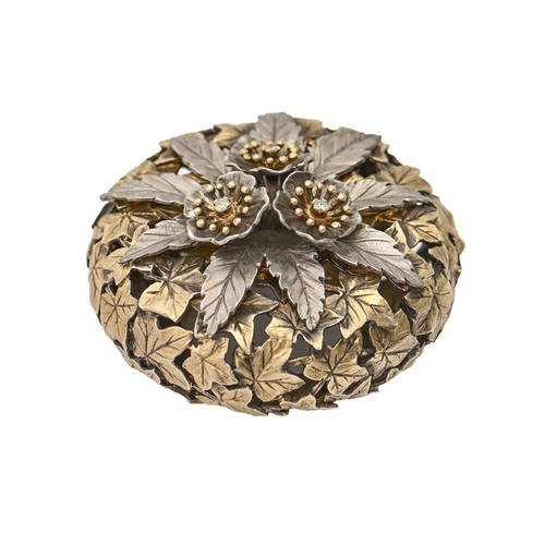 136 - An Elizabeth II jewelled naturalistic openwork parcel gilt silver 'pomander' cap, the three flowers ... 