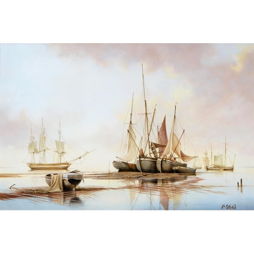 877 - British School, 20th c - Fishing Vessels at Low Tide, indistinctly signed Wm C..., oil on board, 38.... 