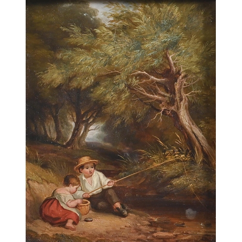 887 - English School, 19th c - Children by a Woodland Stream, oil on millboard, 24 x 19cm