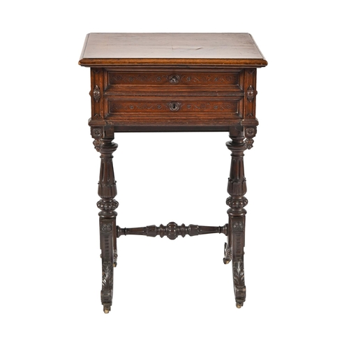 1015 - A French oak work table, 19th c, with fitted parquetry interior and mirror to the underside of the l... 