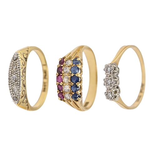 107 - A ruby, sapphire and diamond three row ring, early 20th c, in gold marked 18ct and two diamond rings... 