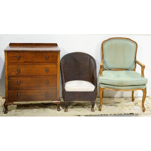 A French walnut elbow chair, oak chest of drawers, 88cm h x 73cm w and