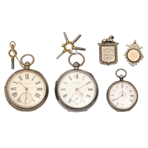 111 - Two silver lever watches, 54 and 55mm diam, Chester and Birmingham, 1899 and 1890, a silver lady's w... 