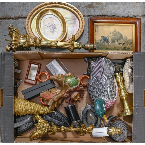 1157 - Miscellaneous items, including giltmetal and brass candlesticks, a 19th c Baxter type print in walnu... 