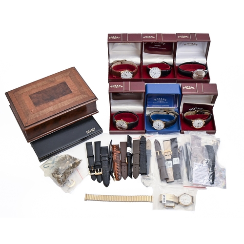 128 - Six Rotary wristwatches, boxed, a quantity of unused watch straps and a decorative walnut box and co... 