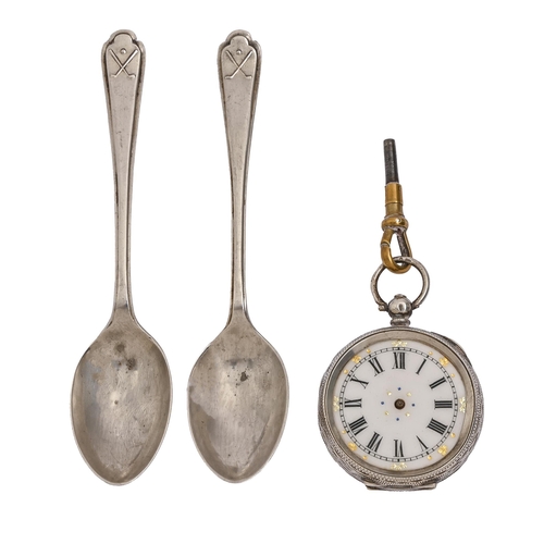 140 - A Swiss silver cylinder lady's watch, late 19th c, 37mm diam and a pair of silver coffee spoons (3)... 