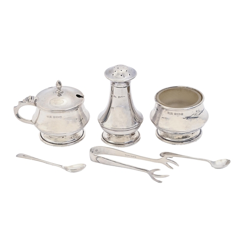 143 - A George VI three-piece silver condiment set, glass liners, pepperette 70mm h, by J Gloster Ltd, Bir... 